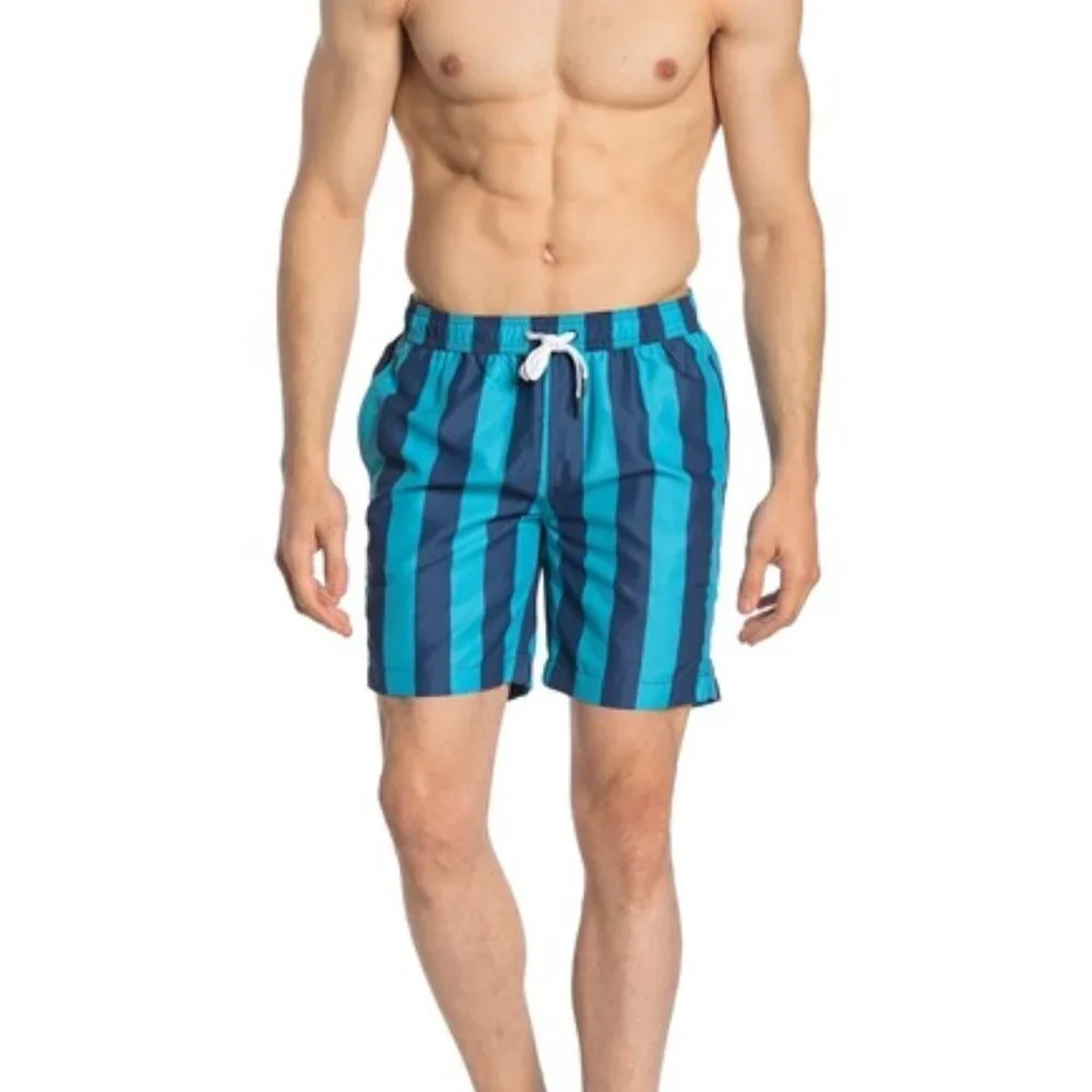 Onia Charles Stripe Print Swim Trunks Teal NWT Men's